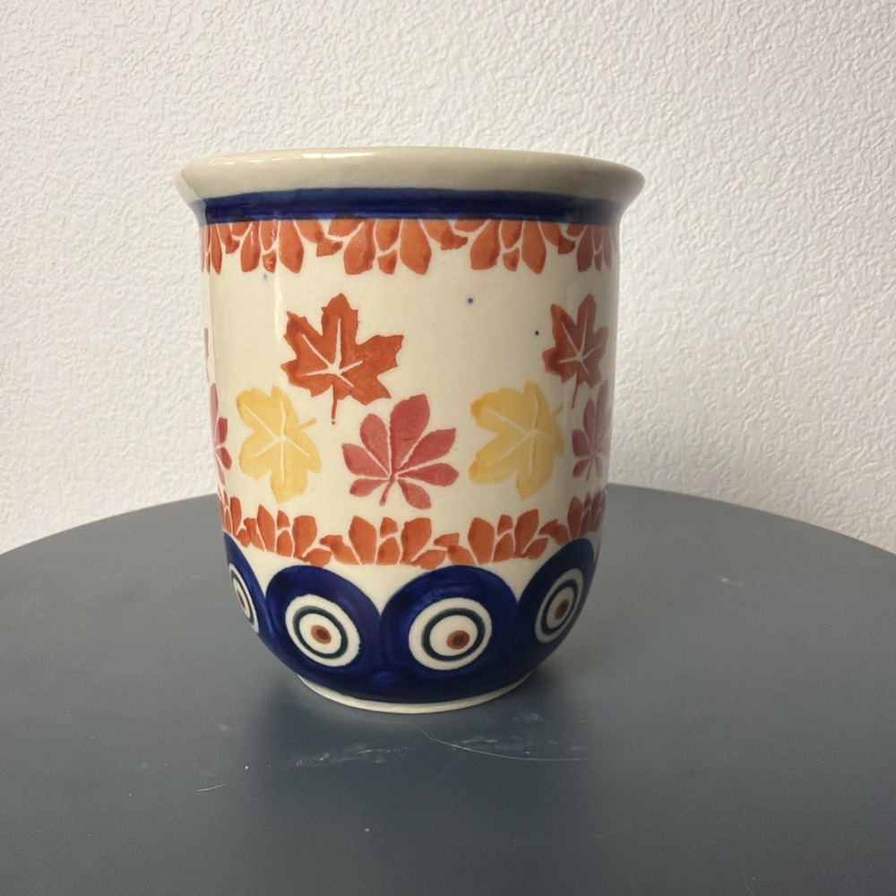 Boleslawiec Wiza 44 Polish Pottery 10 oz Coffee Mugs Blue Maple Leaf Handmade